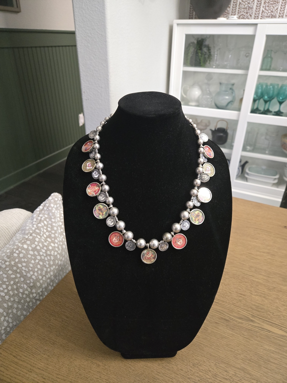 Tribal Silver Beaded Necklace with Red and Multicolor Pichwai Medallions